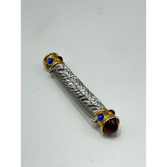 80s 90s Jeweled Bar Pin Brooch Two Tones Silver Gold Jewel Tones Glass Cabochons - Picture 4 of 7